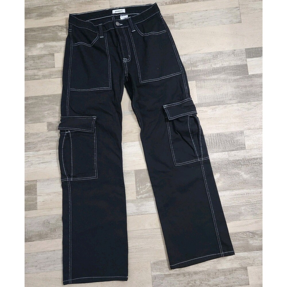 Y2K Mall Goth Cargo Pants Black White Stitching Cyber Rave Baggy Urban Skater VG
